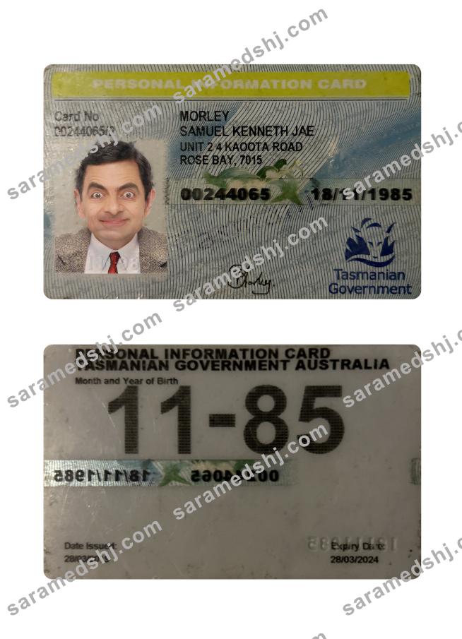 Australia Tasmania personal information card